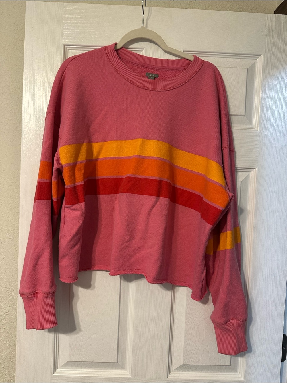 aerie Pink Crew Sweatshirt with Yellow and Red Stripe Accents - Picture 2 of 7